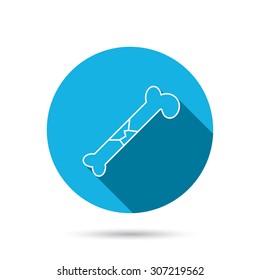 Bone fracture icon. Traumatology sign. Human bone break. Blue flat circle button with shadow. Vector
