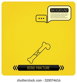 Bone fracture icon. Traumatology sign. Human bone break. Chat speech bubbles. Orange line background. Vector