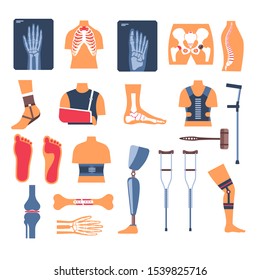 Bone fracture or injury, crutches and x-ray, rehabilitation tools after trauma, isolated icons vector. Orthopedics and medicine, corset and prosthesis. Gypsum and foot fixator, skeleton recovery