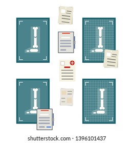 Bone fracture. Internal organ x-ray. Broken foot and leg. Providing medical care. Element of the hospital and the doctor's office. Help and diagnosis. Cartoon flat illustration