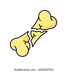 Bone fracture RGB color icon. Comminuted, segmental fracture. Accident. Hurt body part. Trauma treatment. Healthcare. Medical condition. Isolated vector illustration