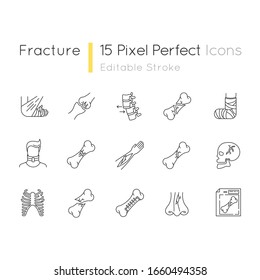 Bone fracture X-ray scan pixel perfect linear icon. Patient medical record. Broken bone treatment. Thin line customizable illustration. Contour symbol. Vector isolated outline drawing. Editable stroke