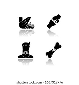 Knochenbrüche fallen Schatten schwarzen Glyphe Symbole gesetzt. Röntgenaufnahme. Rückenmarksverlagerung. Halsbrocken. Chirurgie. Offene Fraktur. Verletzungen des Limits und des Körpers. Gesundheitswesen. Einzelne Vektorgrafiken auf weißem Hintergrund