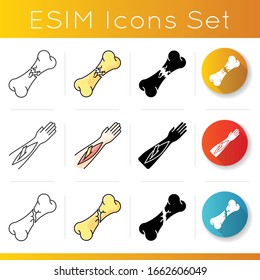 Bone fractures icons set. Open fracture. Limb and body part injuries. Healthcare. Linear, black and RGB color styles. Linear black and RGB color styles. Isolated vector illustrationss