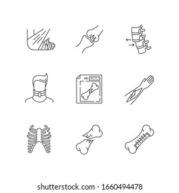 El hueso fractura los iconos lineales perfectos en píxeles. Análisis de rayos X. Dislocación de la columna vertebral. Cirugía. Fractura abierta. Símbolos de contorno de línea delgada personalizables. Ilustraciones aisladas del contorno vectorial. Trazo editable