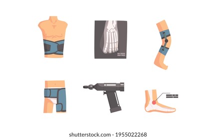 Bone Fractures Set, Medical Instruments of Traumatologist, Back, Hips, Shins Injury and Treatment Cartoon Vector Illustration