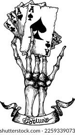 bone hand holding four playing card ace with fortune text