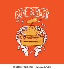 Bone Hands holding a Burger vector illustration. Food, funny, brand design concept.