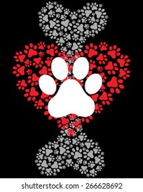 Bone, heart and footprints of cat and dog, wallpaper, vector