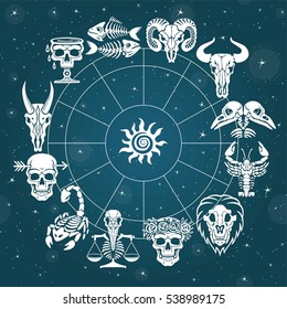 Bone horoscope. Zodiac signs. Astrological circle. Background - the star sky. Vector illustration.