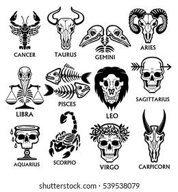 Bone horoscope. Zodiac signs.  Black icons isolated on a white background. Vector illustration.