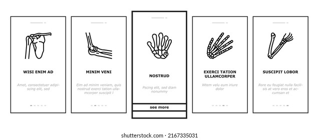 Bone Human Skeleton Structure Onboarding Mobile App Page Screen Vector. Arms Leg Body Bone Human, Chest And Neck, Shoulder And Finger, Knee And Skull. Anatomy Skeletal System Medicine Illustrations