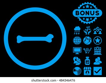 Bone icon with bonus pictures. Vector illustration style is flat iconic symbols, blue color, black background.