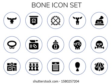 bone icon set. 15 filled bone icons.  Collection Of - Skull, Collar, Jolly roger, Chop, Hamster ball, Ossuary, Dog, Veterinary, Dried fish, Treats, Fried chicken, Hamster icons