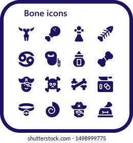 bone icon set. 16 filled bone icons.  Simple modern icons about  - Skull, Chicken leg, Poison, Fishbone, Cancer, Leash dog, Ossuary, Bone, Pirate, Bones, Chop, Collar, Fossil