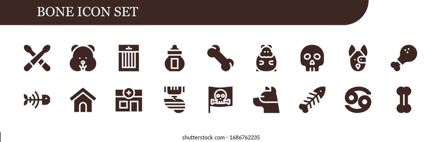 bone icon set. 18 filled bone icons. Included Drumsticks, Hamster, Treats, Ossuary, Bone, Yorick, Dog, Chicken leg, Fish Dog house, Veterinary, Organ, Pirate, Fishbone icons