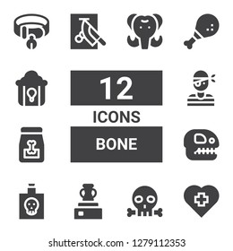 bone icon set. Collection of 12 filled bone icons included Veterinary, Skull, Vessel, Poison, Fossil, Dog food, Pirate, Chop, Chicken leg, Fried chicken, Collar, Mammoth