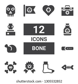 bone icon set. Collection of 12 filled bone icons included Fish bones, Broken leg, Paw ribbon, Bones, Collar, Chicken, Poison, Pirate flag, Veterinarian, Vessel, Skull, Veterinary