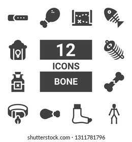 bone icon set. Collection of 12 filled bone icons included Joints, Broken leg, Chicken leg, Collar, Broken bone, Poison, Dung, Fish Fried chicken, Treasure map