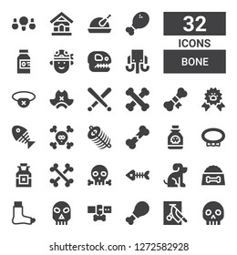 Bone Icon Set. Collection Of 32 Filled Bone Icons Included Skull, Chop, Chicken, Leash, Broken Leg, Dog Food, Pet, Fish Bones, Bones, Poison, Collar, Broken Bone, Dung, Fish Bone