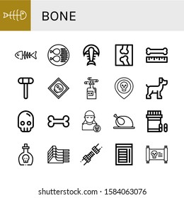 bone icon set. Collection of Fishbone, Fish bone, Chicken leg, Fossil, X ray, Bone, Reflex hammer, Poison, Skull, Dog, Pirate, Chicken, Analgesic, Mutton, Joint, Chamber icons