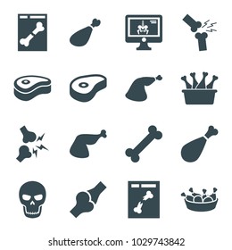 Bone icons. set of 16 editable filled bone icons such as chicken leg, meat leg, bone, beef, x ray, x-ray on display, broken leg or arm