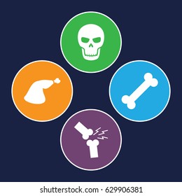 Bone icons set. set of 4 bone filled icons such as meat leg, broken leg or arm, skull