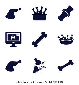 Bone icons. set of 9 editable filled bone icons such as chicken leg, meat leg, bone, x-ray on display