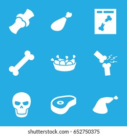 Bone icons set. set of 9 bone filled icons such as chicken leg, meat leg, beef, bone, x ray, broken leg or arm