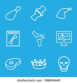 bone icons set. Set of 9 bone outline icons such as chicken leg, meat leg, beef, bone, x ray, x-ray on display, broken leg or arm