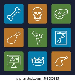 bone icons set. Set of 9 bone outline icons such as chicken leg, meat leg, beef, x ray, x-ray on display, broken leg or arm, skull