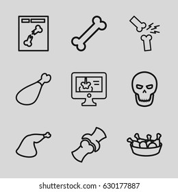 Bone icons set. set of 9 bone outline icons such as chicken leg, meat leg, bone, x ray, x-ray on display, broken leg or arm