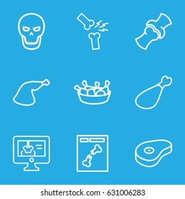 Bone icons set. set of 9 bone outline icons such as chicken leg, meat leg, beef, bone, x ray, x-ray on display, broken leg or arm