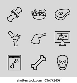 Bone icons set. set of 9 bone outline icons such as chicken leg, meat leg, beef, bone, x ray, x-ray on display, broken leg or arm