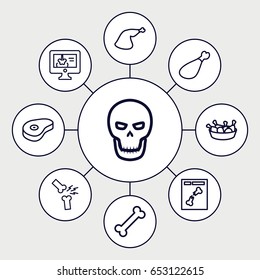 Bone icons set. set of 9 bone outline icons such as chicken leg, meat leg, beef, x ray, x-ray on display, broken leg or arm, skull