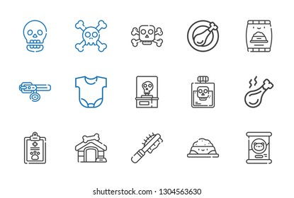 bone icons set. Collection of bone with cat food, pet food, pet brush, dog house, pet, chicken leg, poison, skeleton, body, collar, skull. Editable and scalable bone icons.