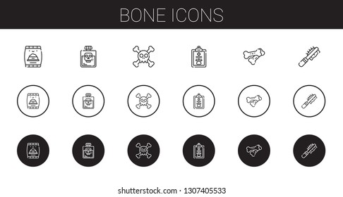 bone icons set. Collection of bone with pet food, poison, skull, pet, bones, pet brush. Editable and scalable bone icons.