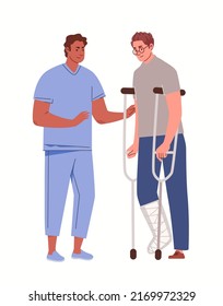 Bone injury or fracture. Doctor or paramedic accompanies, consults person with crutches and cast on broken leg. Rehabilitation and treatment after accident. Vector characters flat cartoon illustration