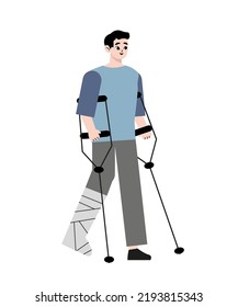 Bone injury or fracture of young patient. Man walking with crutches and gypsum on broken leg. Rehabilitation and treatment after accident. Flat vector illustration isolated on white background