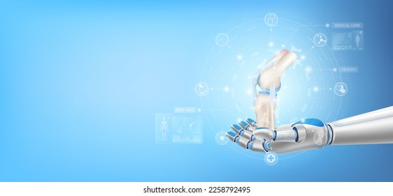 Bone joint cartilage float away from in robot hand. Futuristic medical cybernetic robotics technology. Innovation artificial intelligence robot assist care health. With copy space for text. 3D Vector.