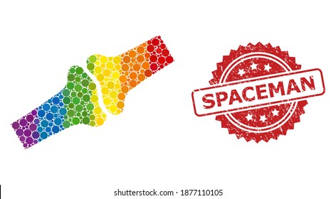 Bone joint collage icon of filled circle blots in variable sizes and spectrum colored shades, and Spaceman unclean rosette stamp seal. A dotted LGBT-colored Bone joint for lesbians, gays,