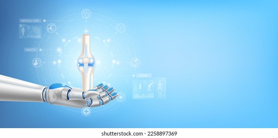 Bone joint float away from in robot hand. Futuristic medical cybernetic robotics technology. Innovation artificial intelligence robot assist care health. With copy space for text. 3D Vector.