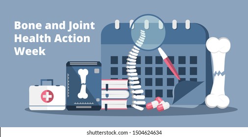 Bone And Joint Health Action Week In 12-20 Week In USA. Osteoporosis World Day Concept, Osteoarthritis Anatomical Vector. Joint Pain, Fragility Of Lower Leg Are Shown. It Is For Landing Page, App.