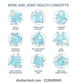 Bone and joint health turquoise concept icons set. Healthy lifestyle choices idea thin line color illustrations. Isolated symbols. Editable stroke. Roboto-Medium, Myriad Pro-Bold fonts used