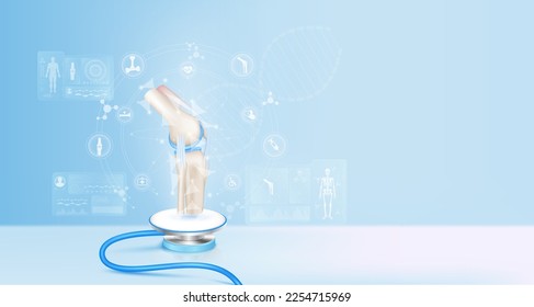 Bone joint healthy cartilage float away from stethoscope. Image virtual hologram on screen computer. Doctor diagnose digital data record. Electronic medical technology innovation. 3d Vector.