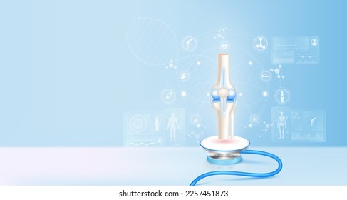 El cartílago sano de las articulaciones óseas se libera del estetoscopio. Imagen de un holograma virtual en una computadora de pantalla. El médico diagnostica el registro de datos digitales. Innovación en tecnología médica electrónica. 3 quinquies vectores.