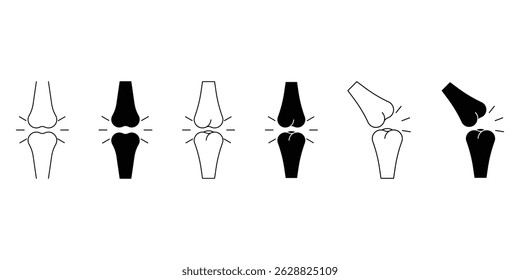 Ícone de articulação óssea definido com dor fratura artrite joelho anatomia esquelética médica vetor ilustração em estilo de contorno preto plano.