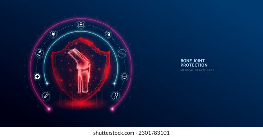 Bone joint medical healthcare. Human joint anatomy organ translucent low poly triangle inside shield futuristic red on dark blue background. Immunity protection medical innovation concept. Vector.
