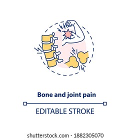 Icono de concepto de dolor óseo y articular. Escasez de vitaminas, ilustración de línea delgada de la idea de síntomas. Artritis, rodilla, espalda baja, tratamiento del dolor en las costillas. Dibujo de color RGB con contorno aislado del vector. Trazo editable