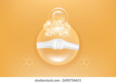 Anuncio de soluciones óseas y articulares, colágeno dorado con fondo publicitario cosmético listo para usar, Vector de ilustración.